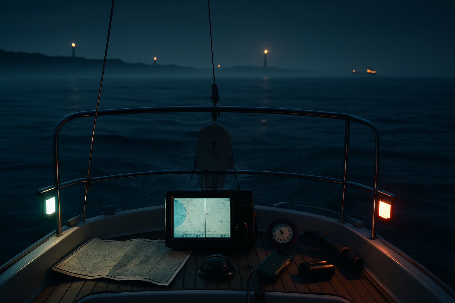 Realistisk natsejlads i Jammerbugten set fra agter på en båd uden mennesker, med sidelys og instrumenter som plotter og VHF.