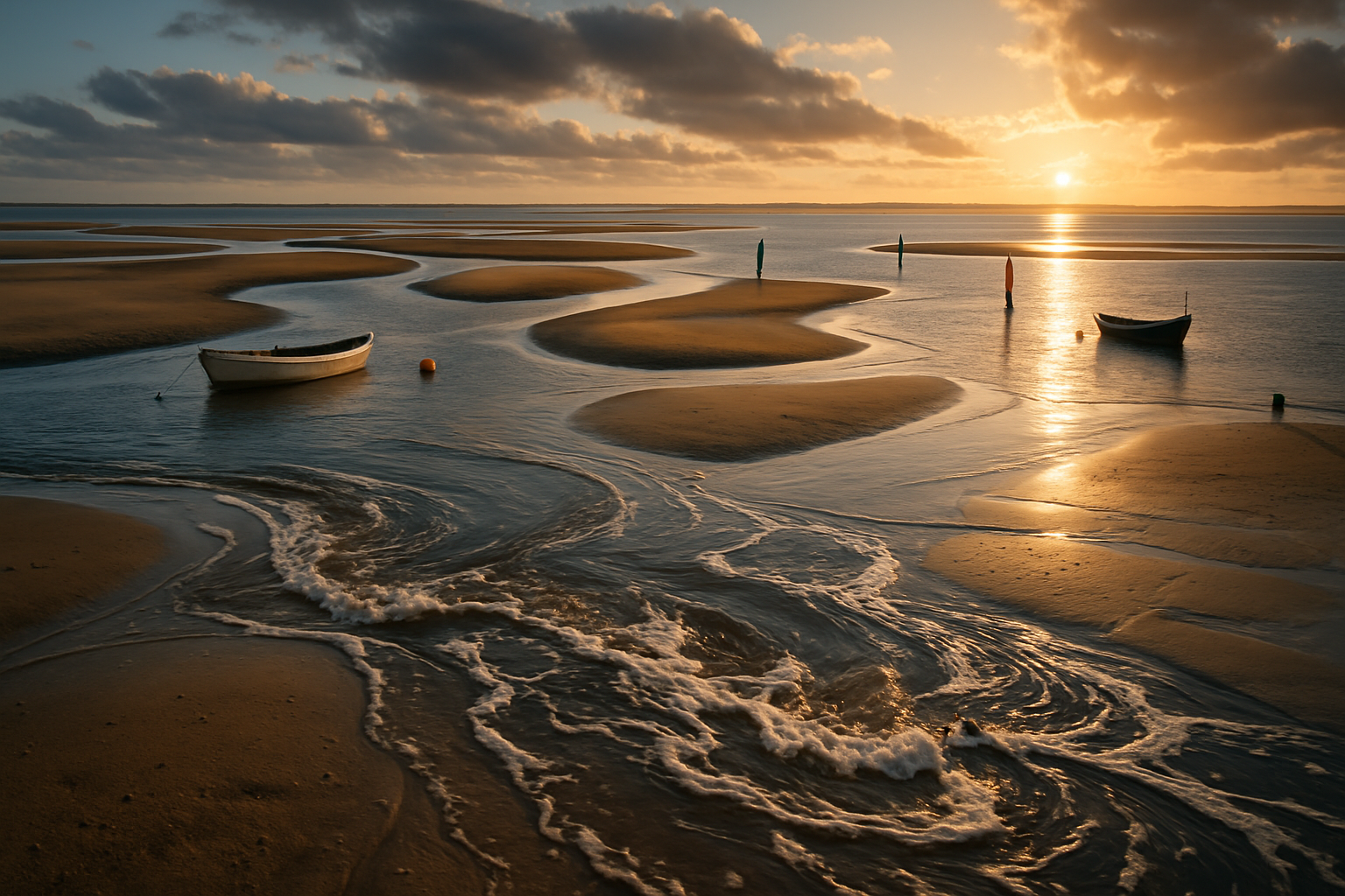 Fotorealistisk lavvande i Jammerbugten: brede sandbanker, kanaler, skummende vand, gyldent lys og tomme både ved bøjer.