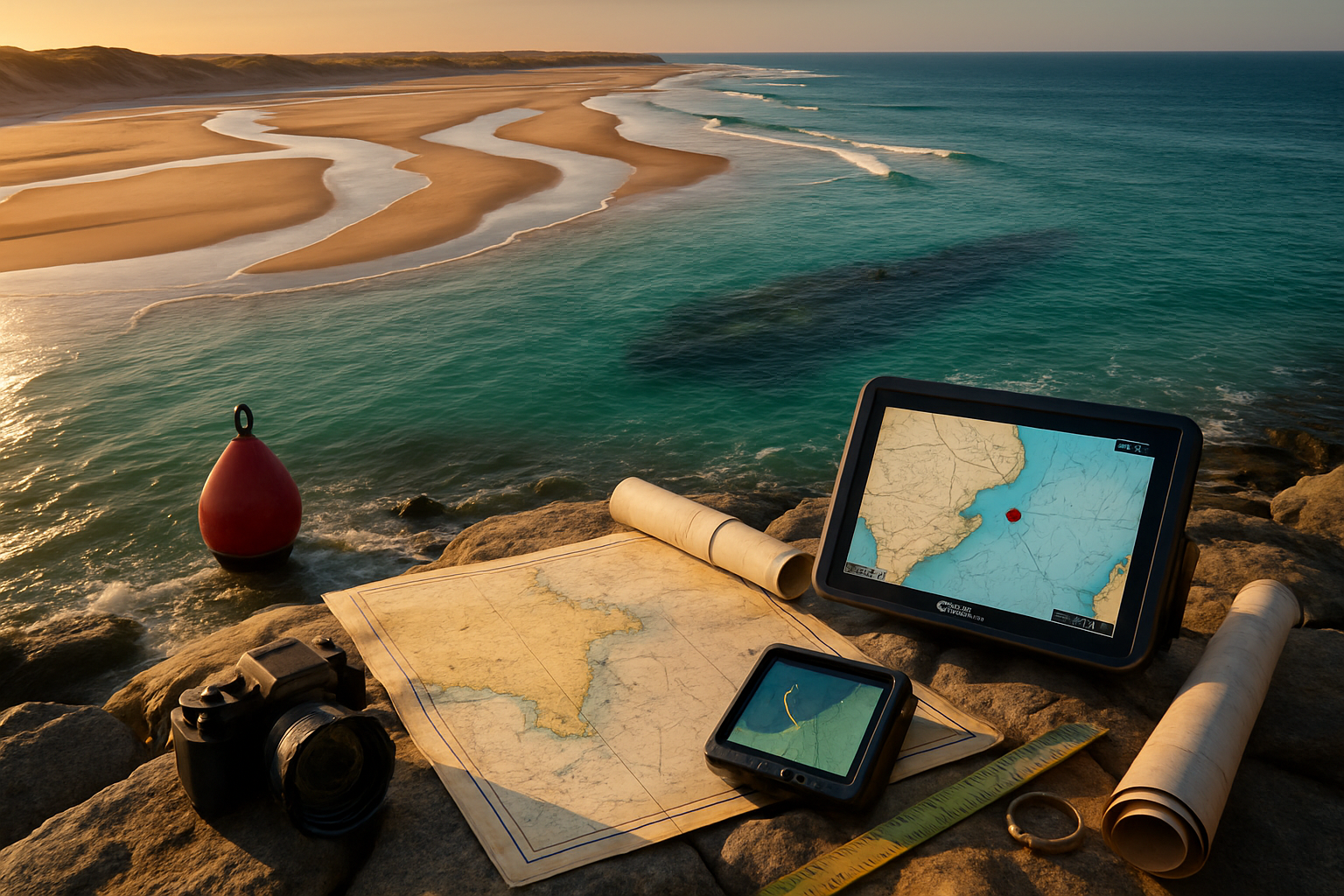Dronebillede af Jammerbugten i gyldent lys med sandbanker og turkis vand; forgrund med søkort, GPS-plotter, skibsvrag og rullet kort.