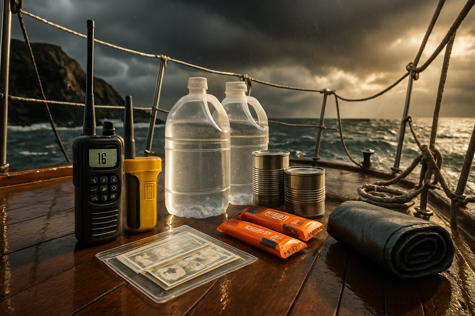 Billede af nødhjælpsudstyr på båddæk og klippekyst under truende storm med VHF, PLB, kontanter, ID, vand og præparerede fødevarer.