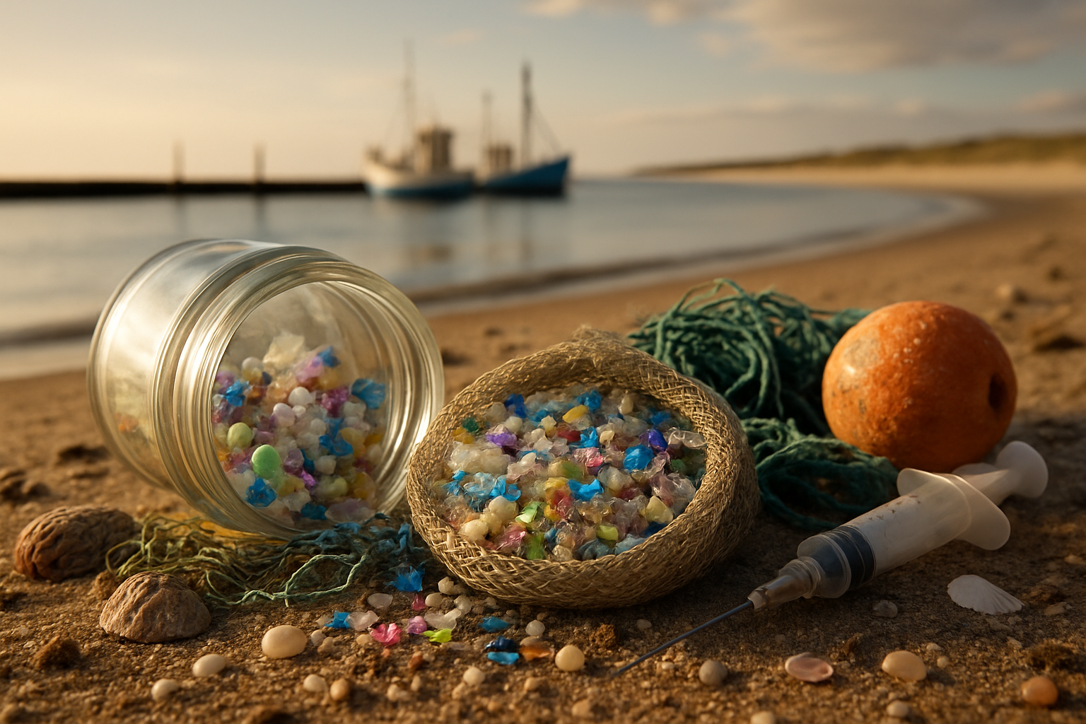 Fotorealistisk kystscene ved Jammerbugten: glas i forgrunden med små farvede plastikfragmenter og fibre, garn, havn i morgensol.