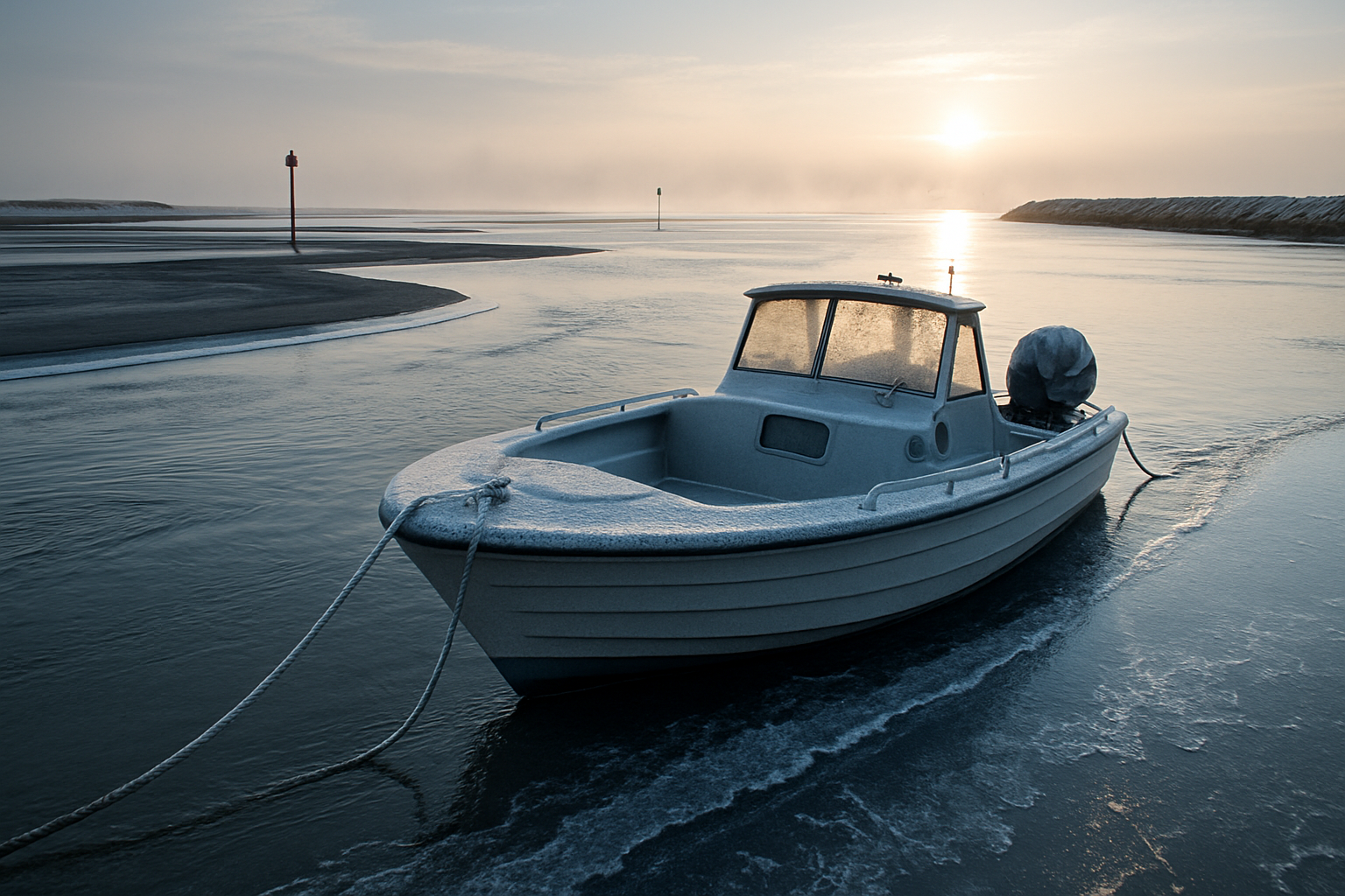 Fotorealistisk vinterkyst-udkig fra lav højde: lille motorbåd fortøjet ved sandbanke og mole, is og frost, havtåge og lav sols skær.