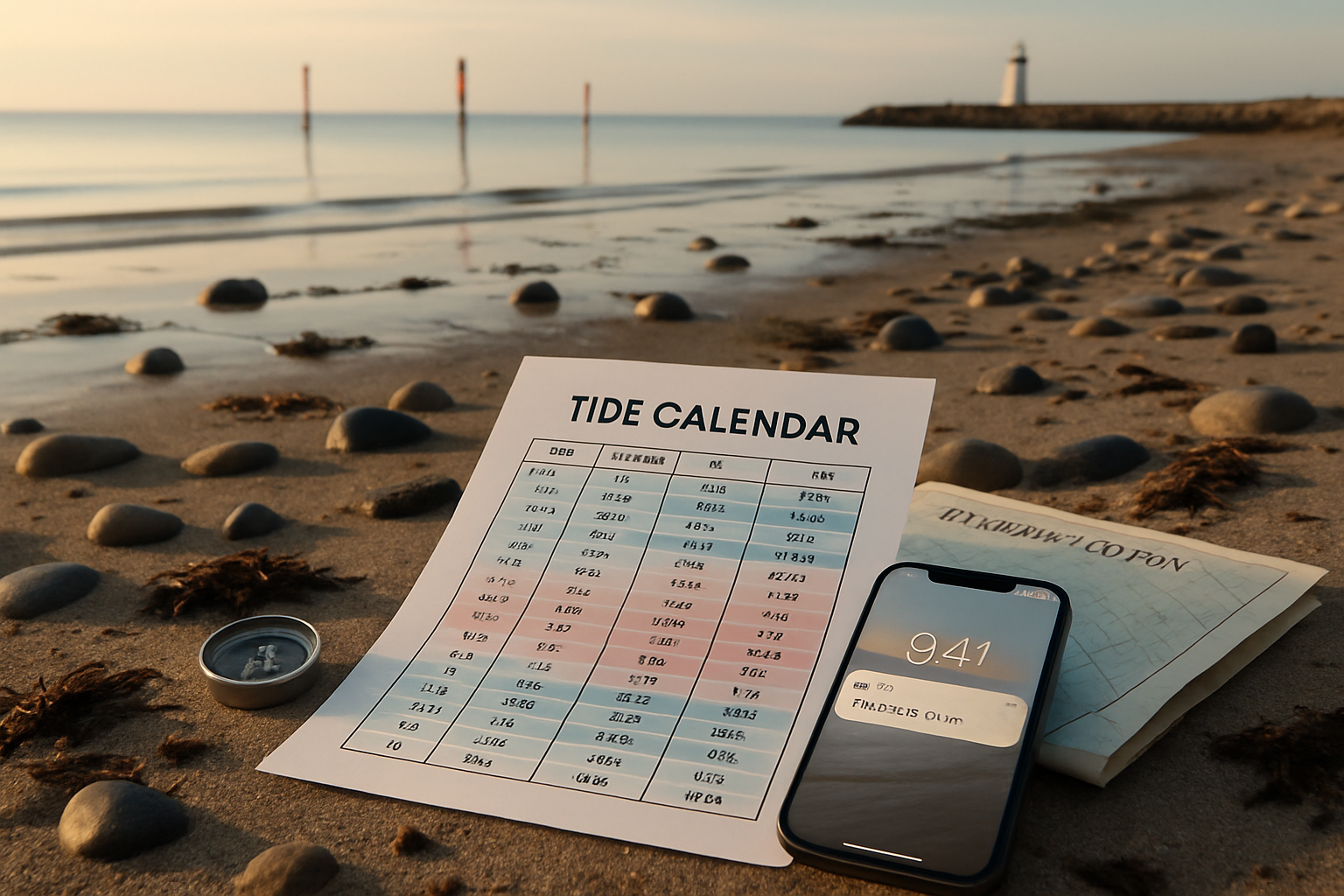 Fotorealistisk lavvande ved Jammerbugt-kysten med A4-tidekalender og smartphone i forgrunden, kompas og kystkort, sten og tang, mole i baggrund, tidevandsmærker.