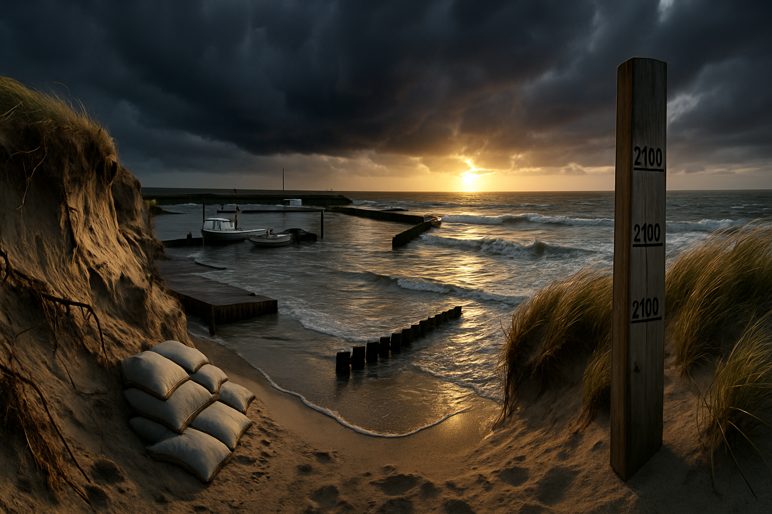 Fotorealistisk panorama af Jammerbugtens kyst med eroderet klit og rødder, oversvømmet havn, træpæl med vandstandsmærker 2030/2050/2100, stormskyer og gyldent horisont.