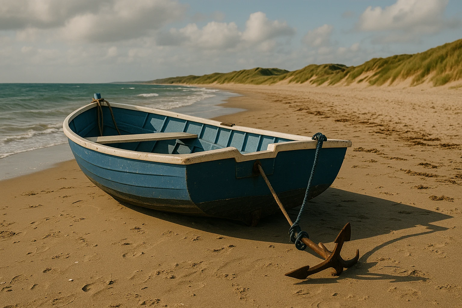en blå båd ligger ved stranden